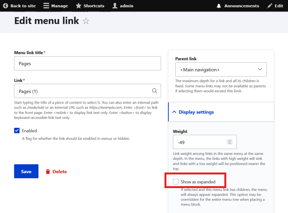 Show as expanded Drupal menu