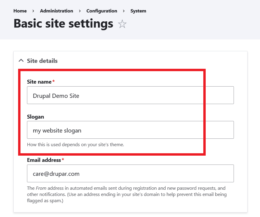 site name and slogan of Drupal site